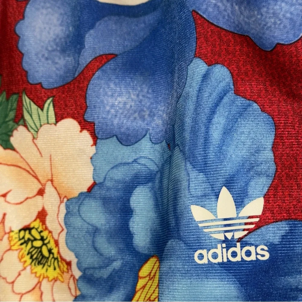 adidas Red Floral Athletic Shorts with Blue and Cream Flowers - Picture 6 of 7